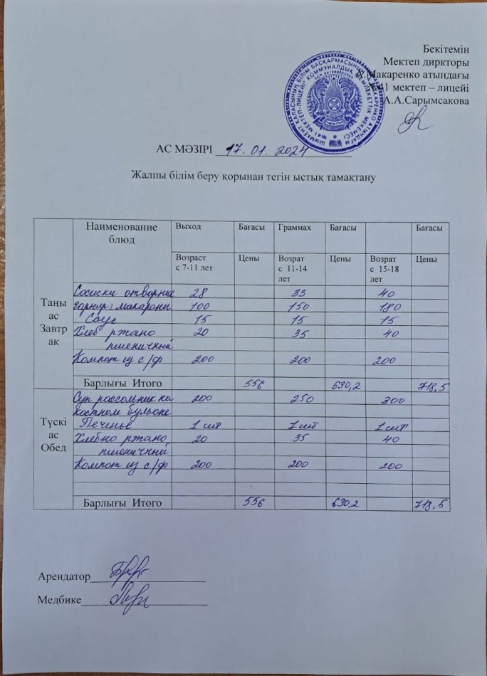 2024 жылғы 17 қантардың ас мәзірі