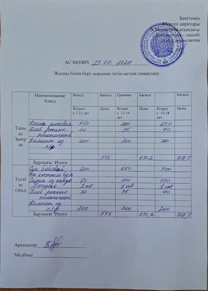 2024 жылғы 23  қантардың ас мәзірі