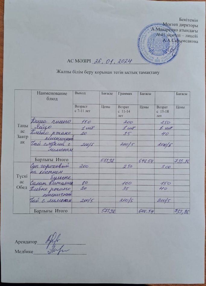 2024 жылғы 26  қантардың ас мәзірі