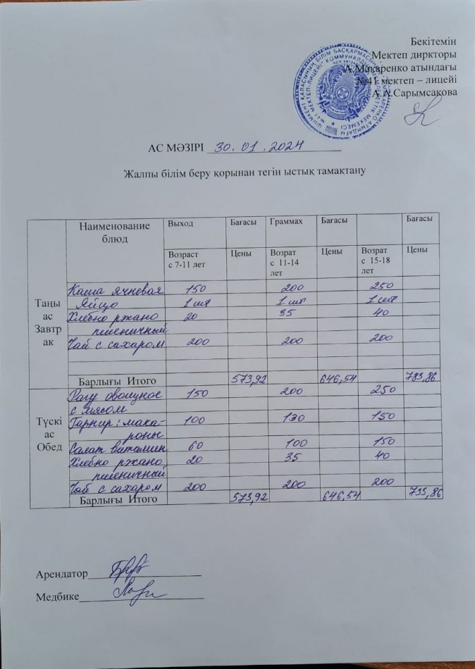 2024 жылғы 30 қантардың ас мәзірі