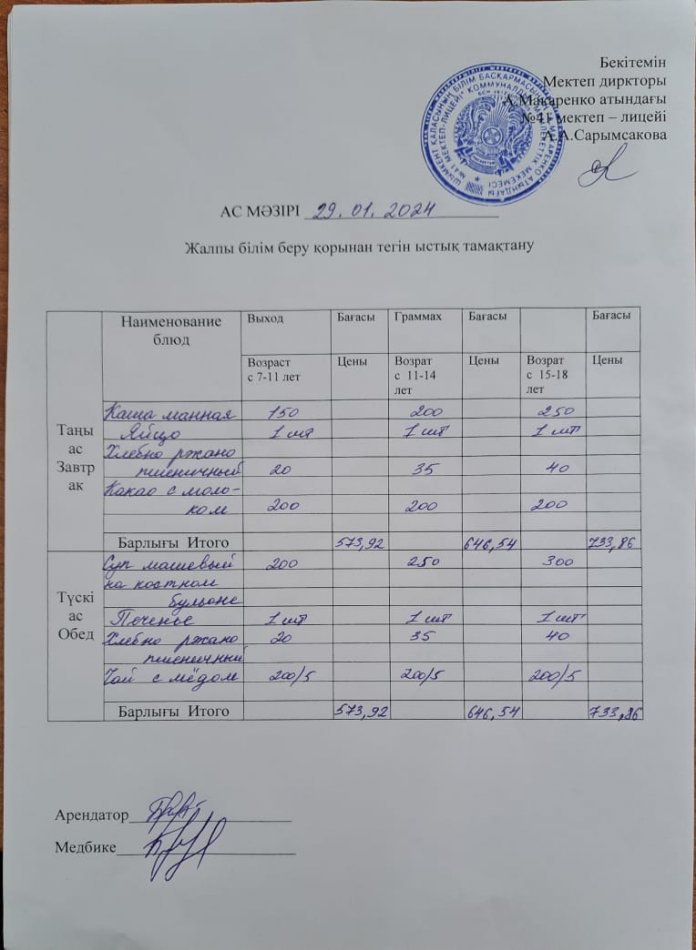 2024 жылғы 29  қантардың ас мәзірі