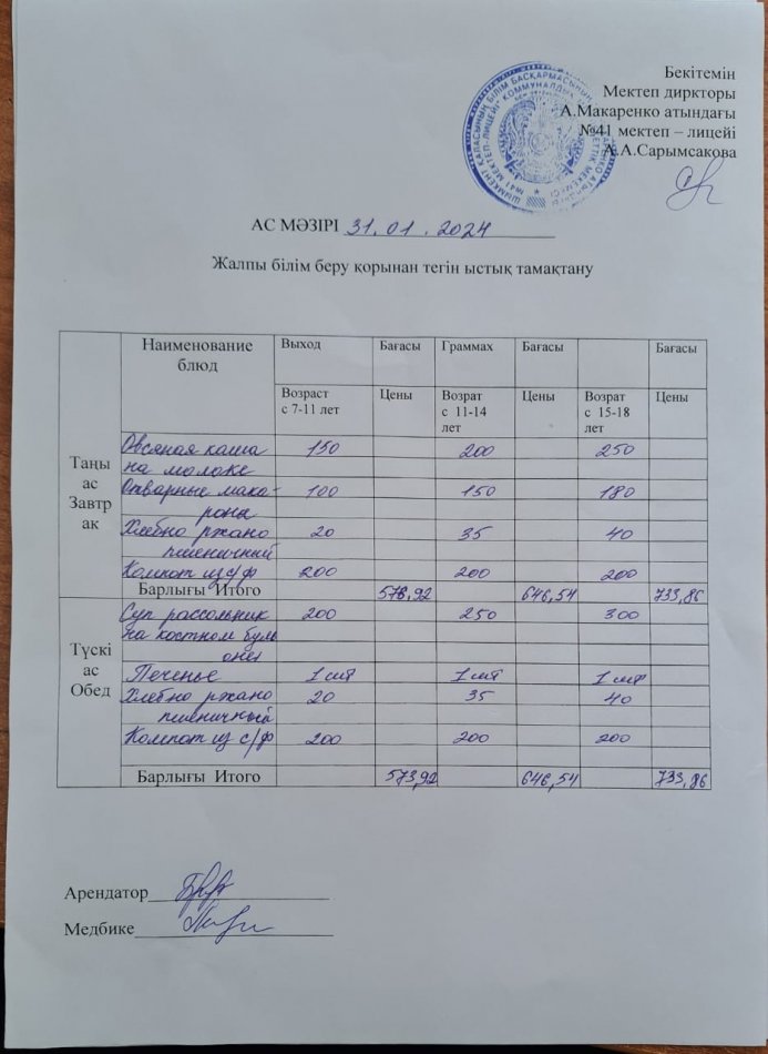 2024 жылғы 31 қантардың ас мәзірі