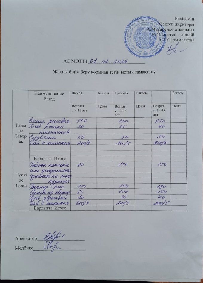 2024 жылғы 1 ақпанның ас мәзірі