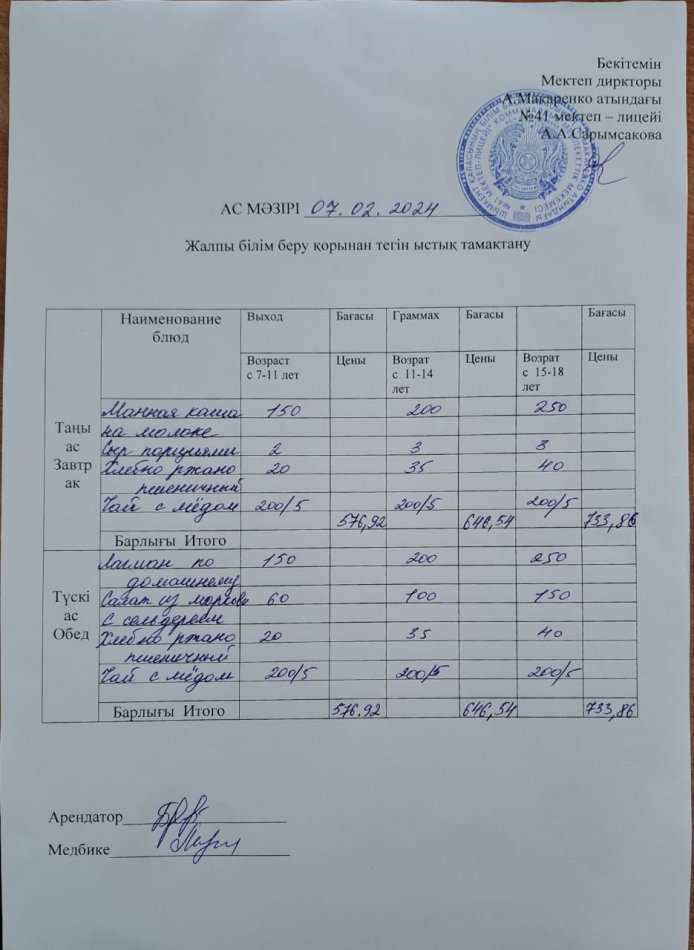 2024 жылғы 7 ақпанның ас мәзірі