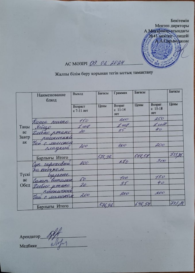 2024 жылғы 9 ақпанның ас мәзірі