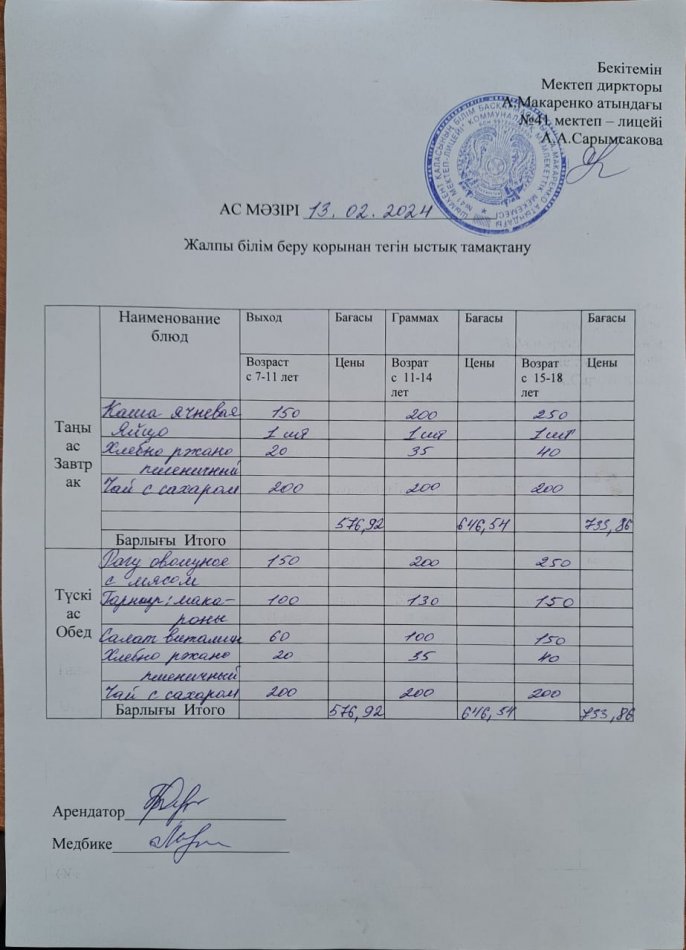 2024 жылғы 13  ақпанның ас мәзірі