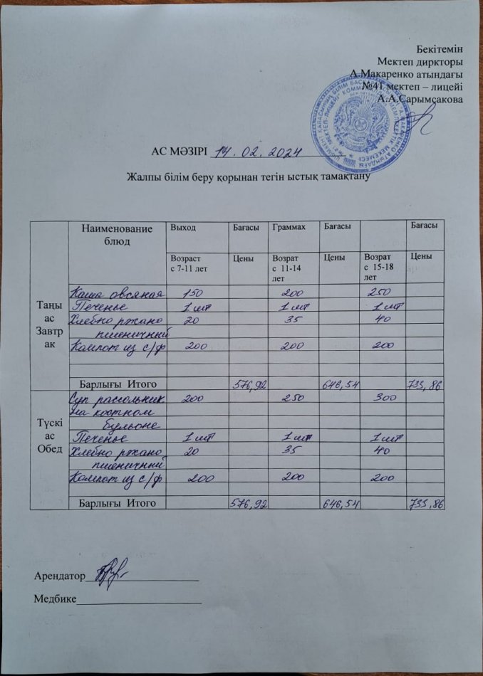 2024 жылғы 14  ақпанның ас мәзірі