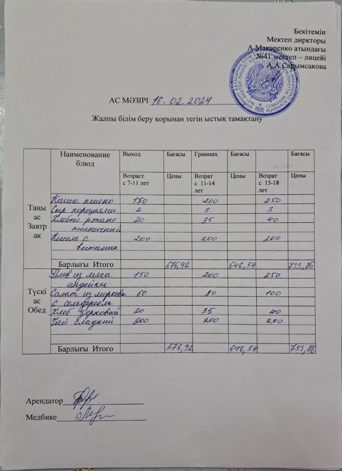 2024 жылғы 16 ақпанның ас мәзірі