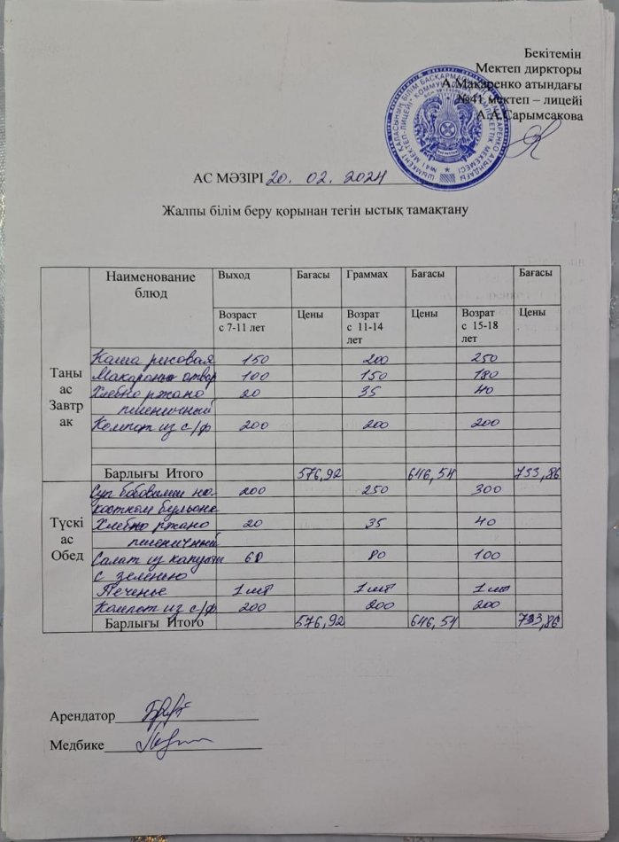 2024 жылғы 20 ақпанның ас мәзірі