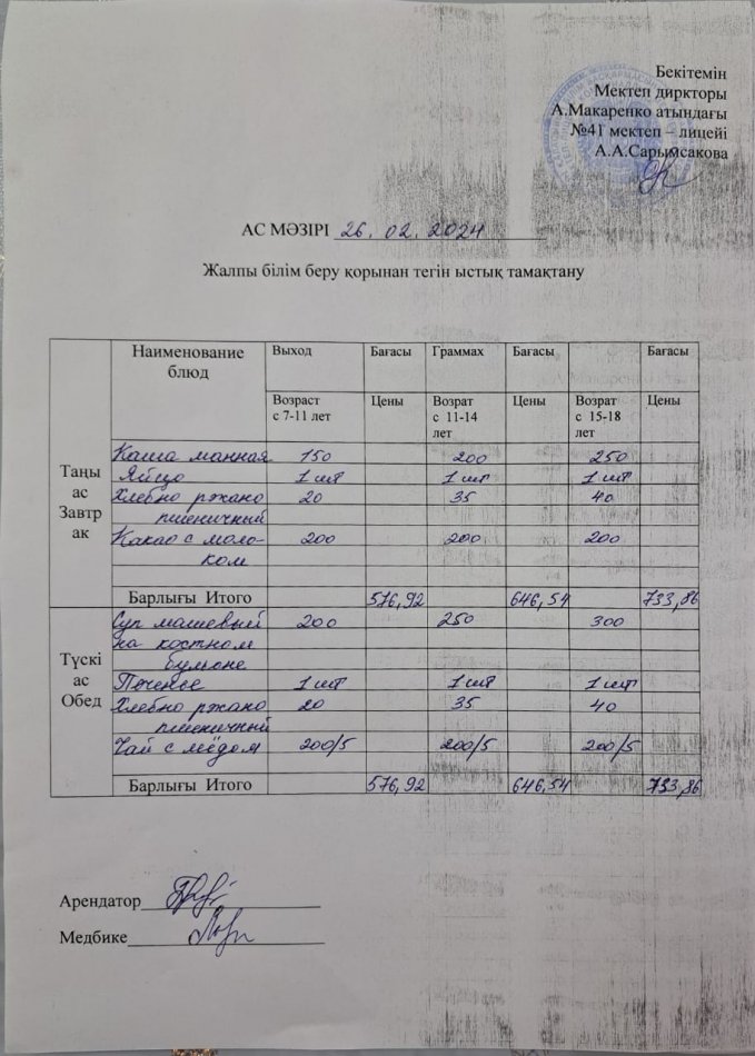 2024 жылғы 26 ақпанның ас мәзірі