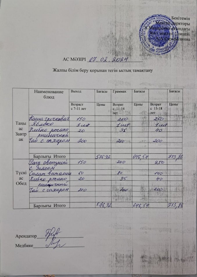 2024 жылғы 27 ақпанның ас мәзірі