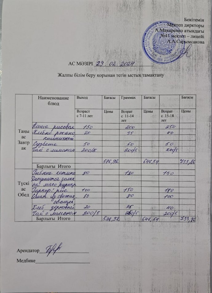 2024 жылғы 29  ақпанның ас мәзірі
