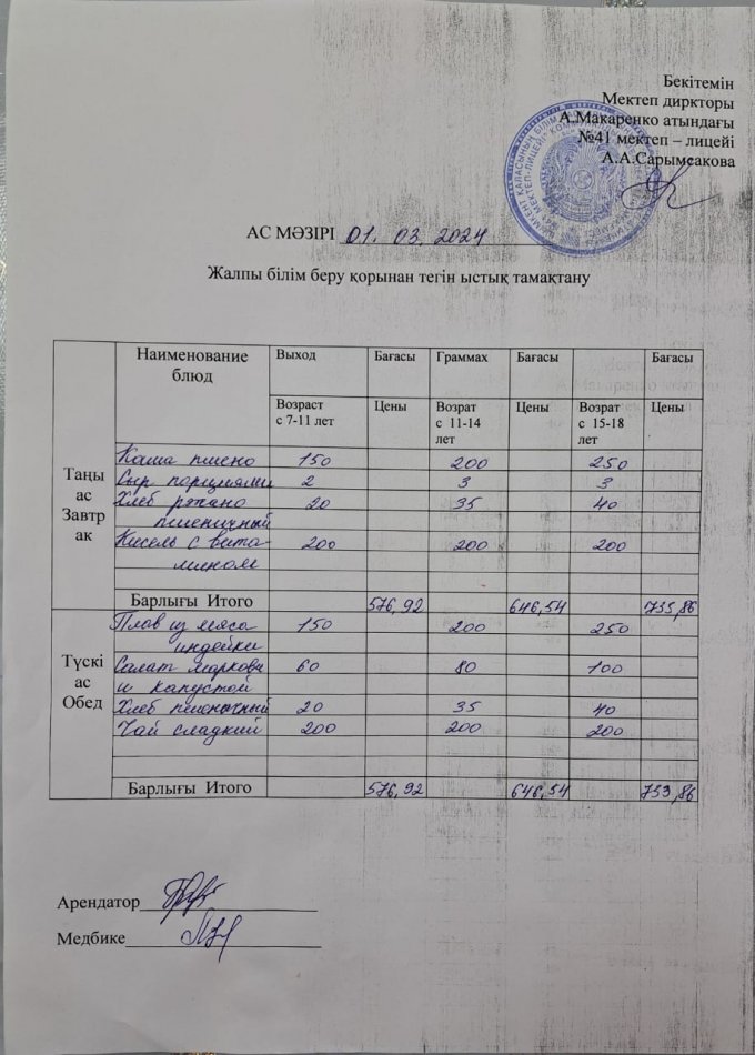 2024 жылғы 01 наурыздың ас мәзірі