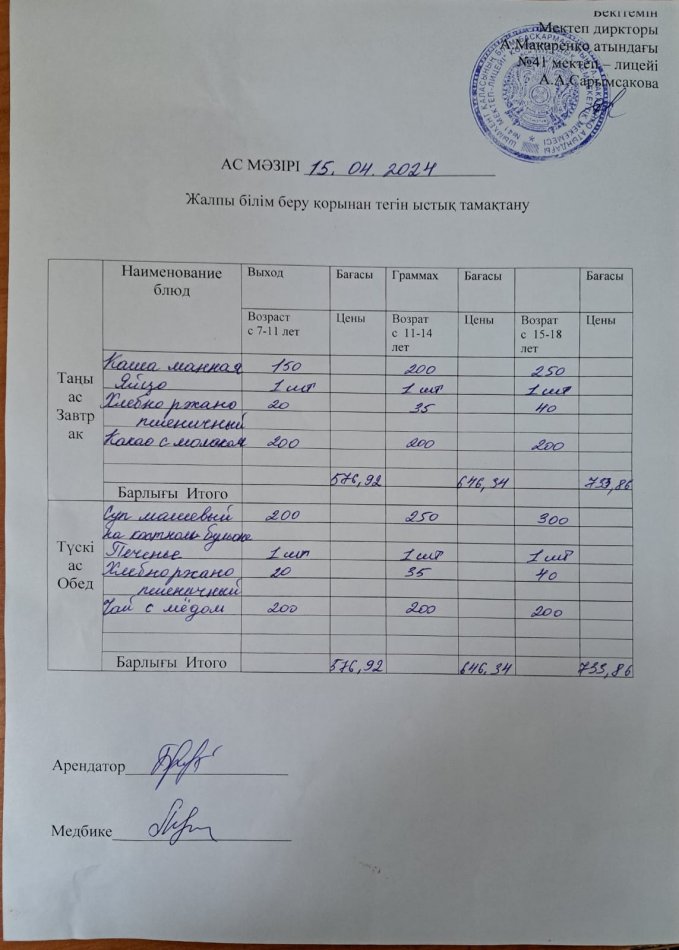 2024 жылғы 15 cәуірдың ас мәзірі