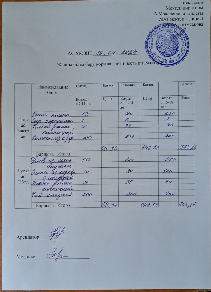 2024 жылғы 19 cәуірдың ас мәзірі
