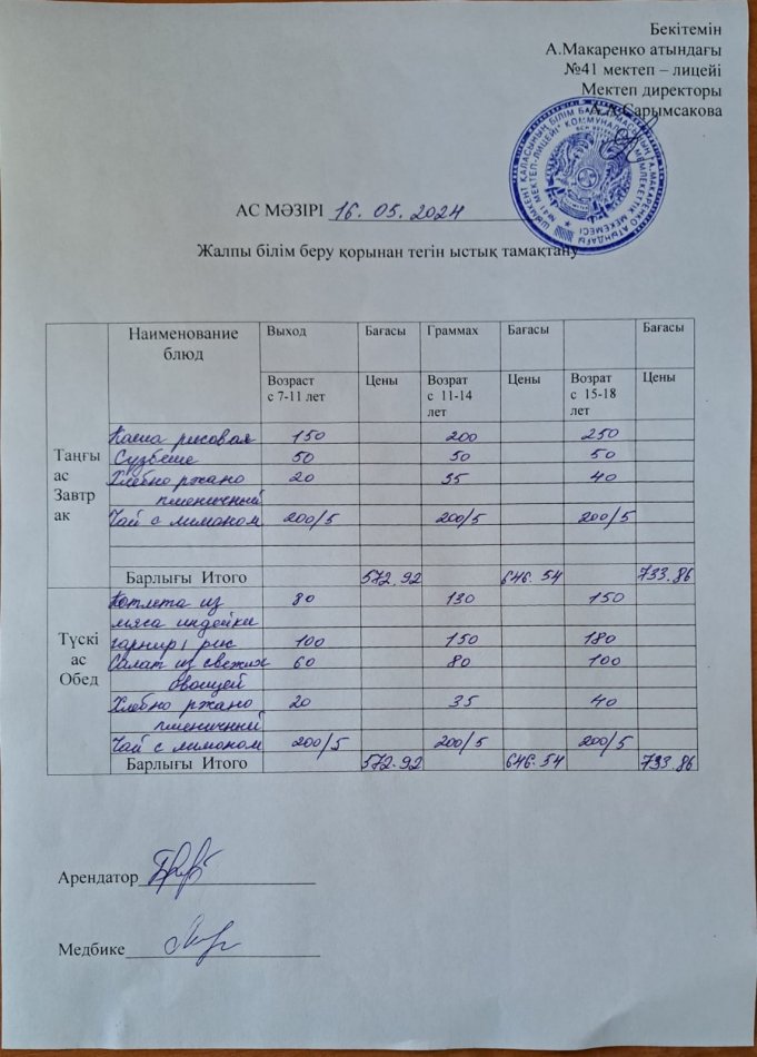 2024 жылғы 16 мамырдың ас мәзірі