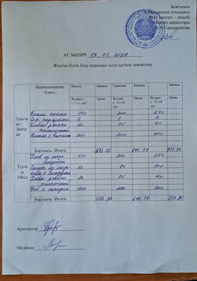 2024 жылғы 17 мамырдың ас мәзірі