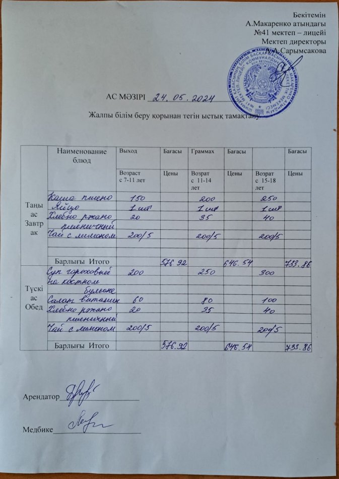 2024 жылғы 24 мамырдың ас мәзірі