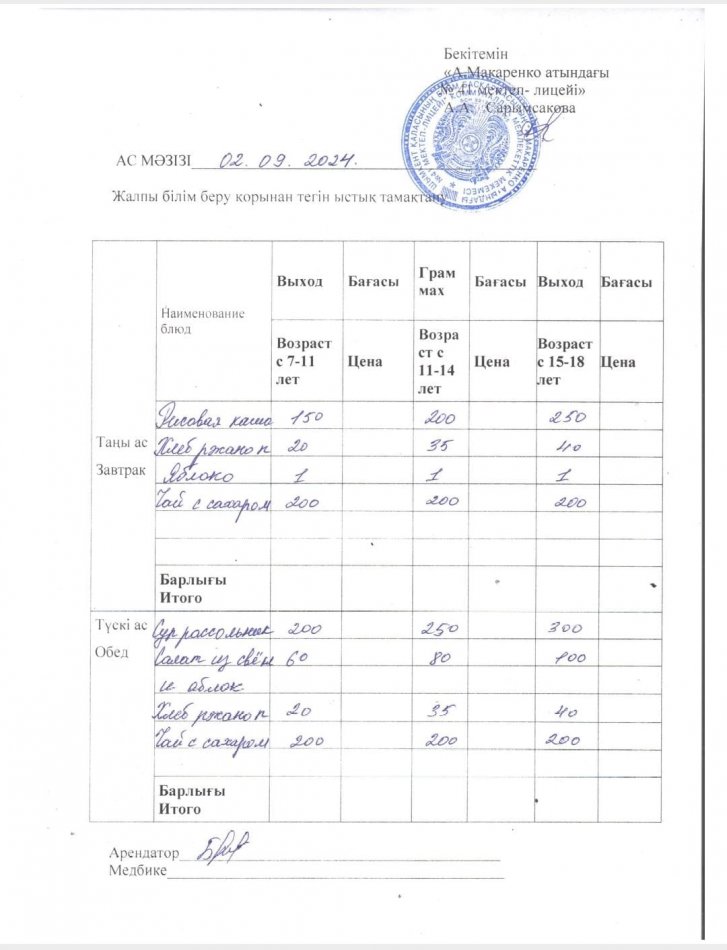2024 жылғы 02 қыркүйектің ас мәзірі