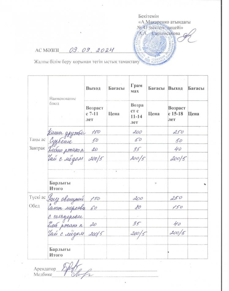 2024 жылғы 09 қыркүйектің ас мәзірі