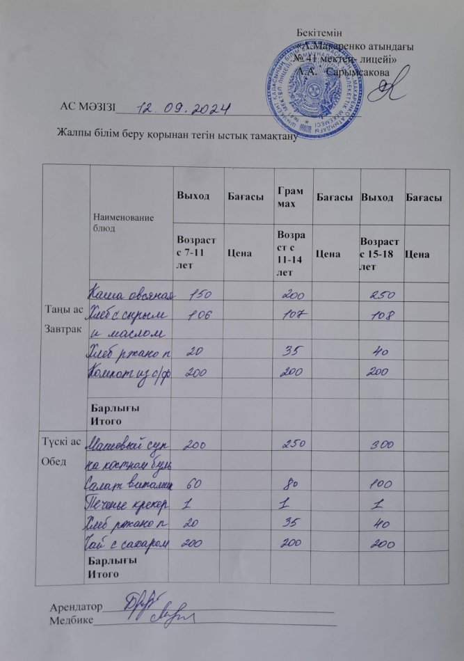 2024 жылғы 12 қыркүйектің ас мәзірі