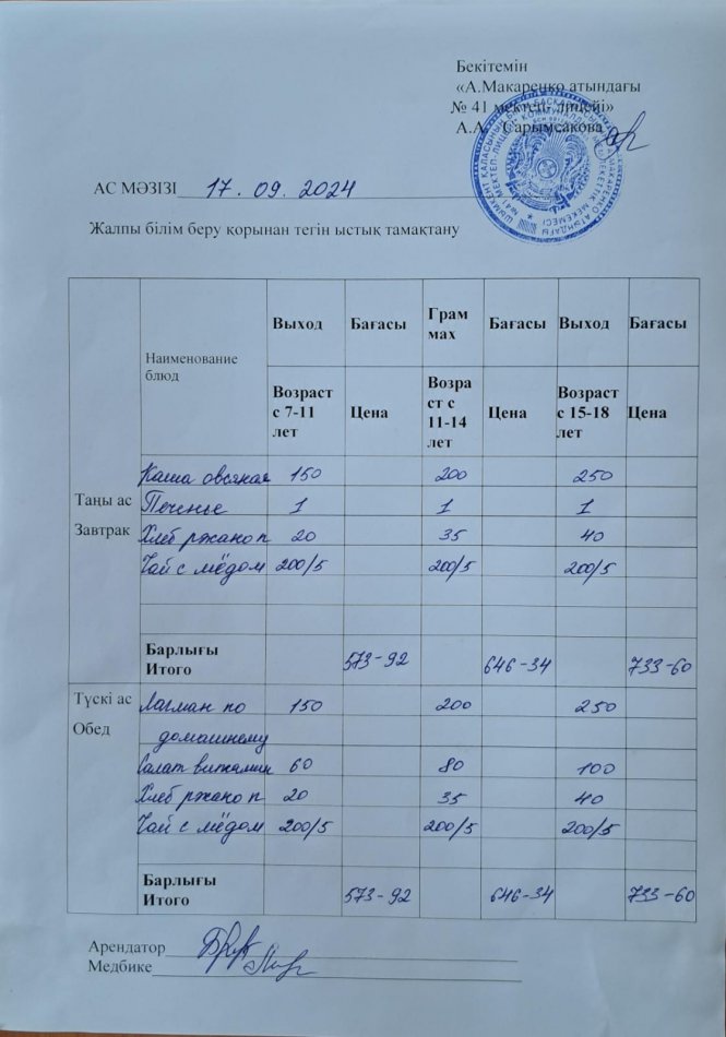 2024 жылғы 17 қыркүйектің ас мәзірі