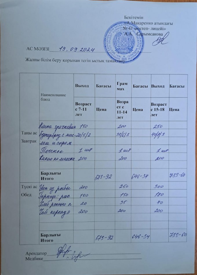 2024 жылғы 19 қыркүйектің ас мәзірі