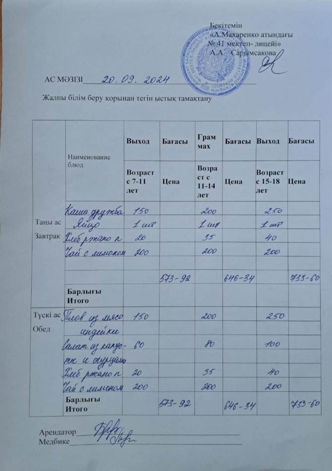 2024 жылғы 20 қыркүйектің ас мәзірі