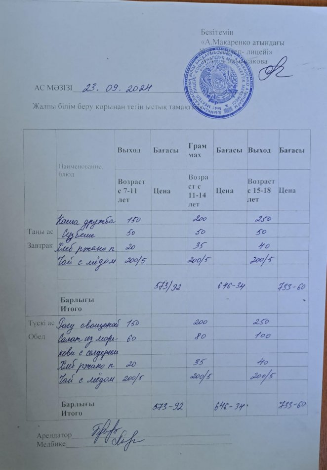 2024 жылғы 23 қыркүйектің ас мәзірі