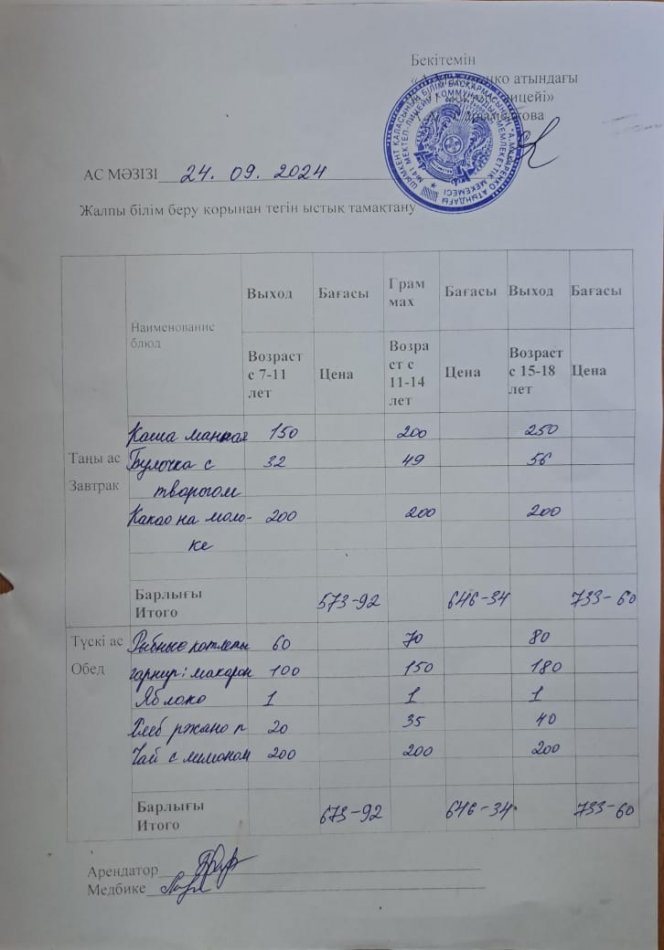 2024 жылғы 24 қыркүйектің ас мәзірі