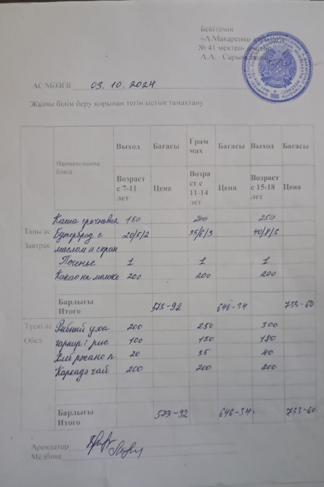 2024 жылғы 03 қазанның ас мәзірі