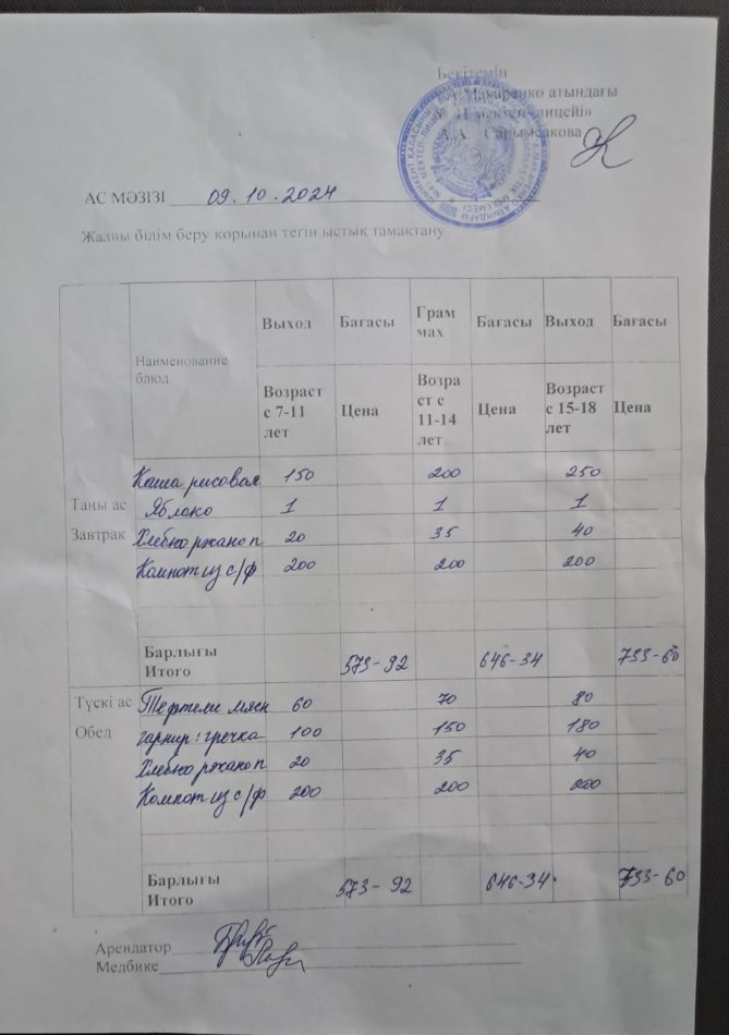 2024 жылдың 09 қазанның ас мәзірі