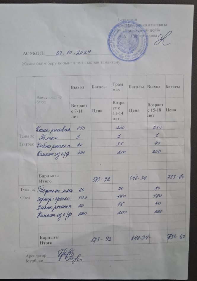 2024 жылдың 09 қазанның ас мәзірі