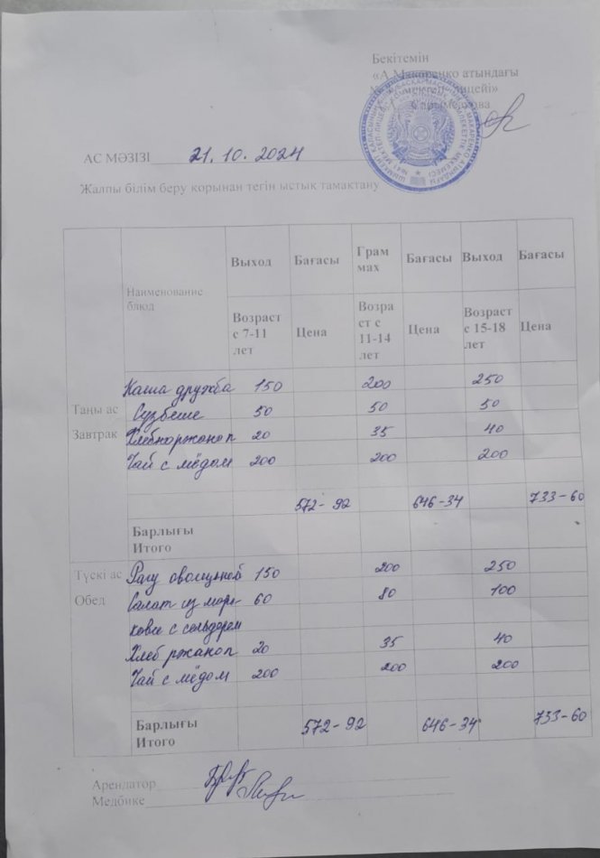 2024 жылғы 21 қазанның ас мәзірі