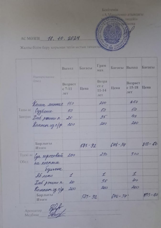 2024 жылғы 16 қазанның ас мәзірі