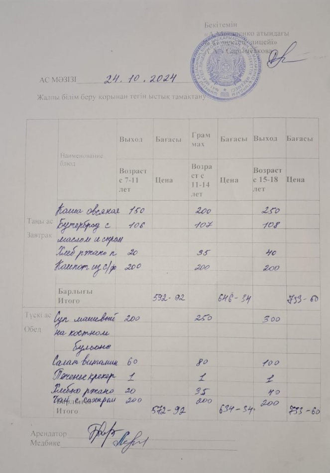 2024 жылдың 24 қазанның ас мәзірі