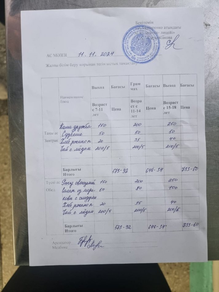 2024 жылғы 11 қарашаның ас мәзірі