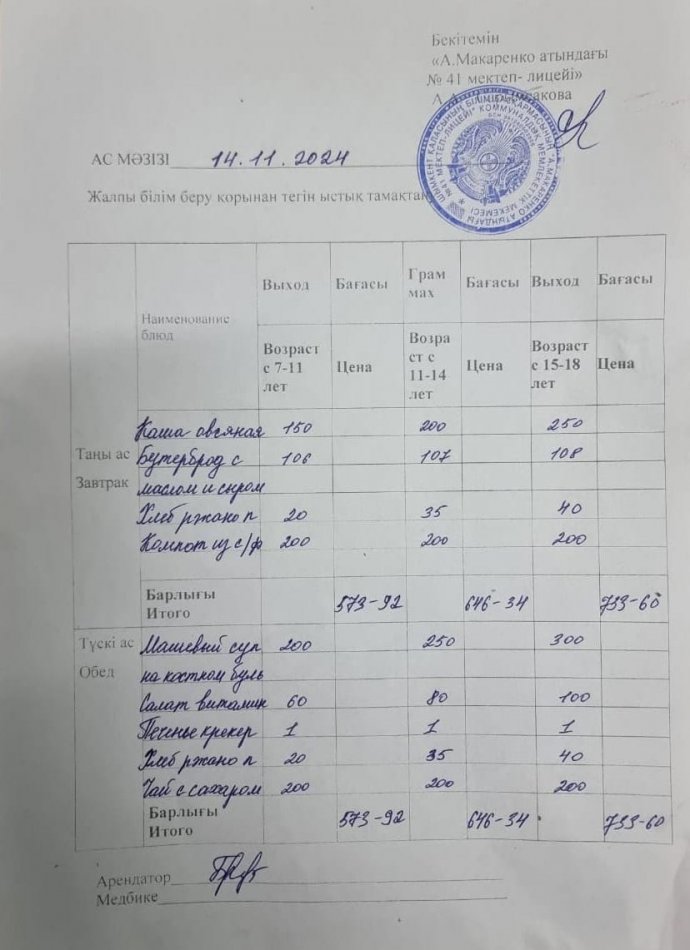 2024 жылдың 14 қарашаның ас мәзірі