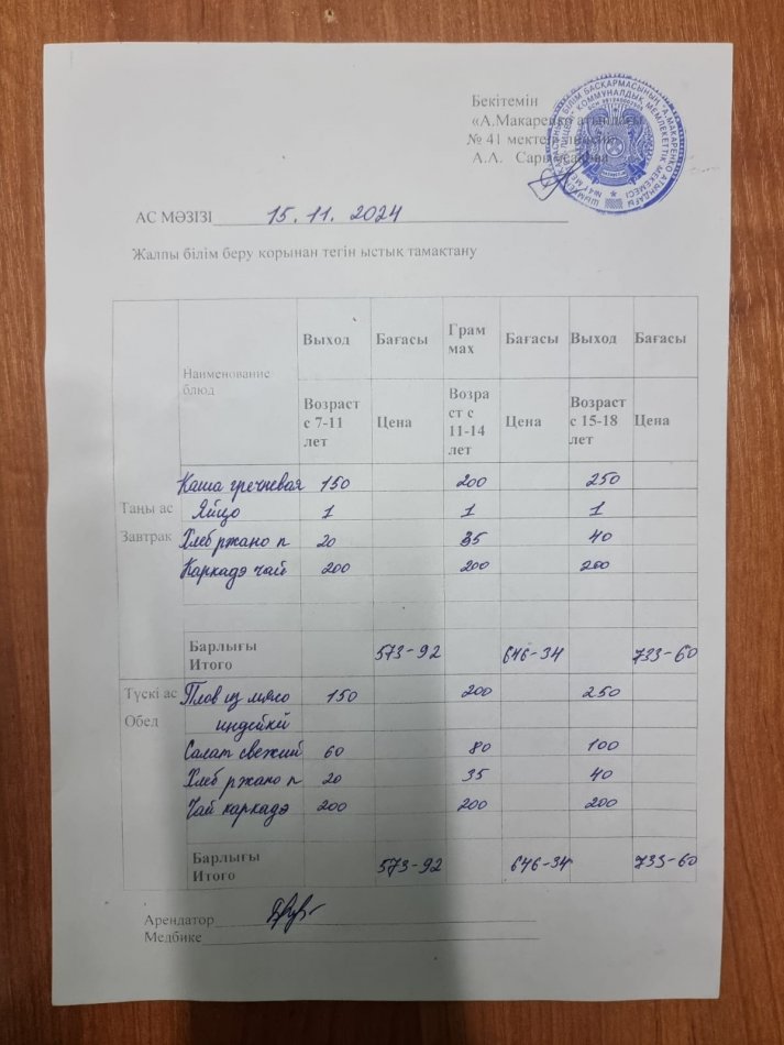 2024 жылдың 15 қарашадағы ас мәзірі