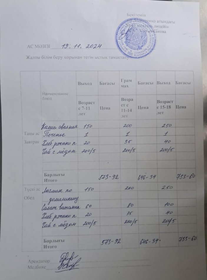 2024 жылдың 19 қарашаның ас мәзірі