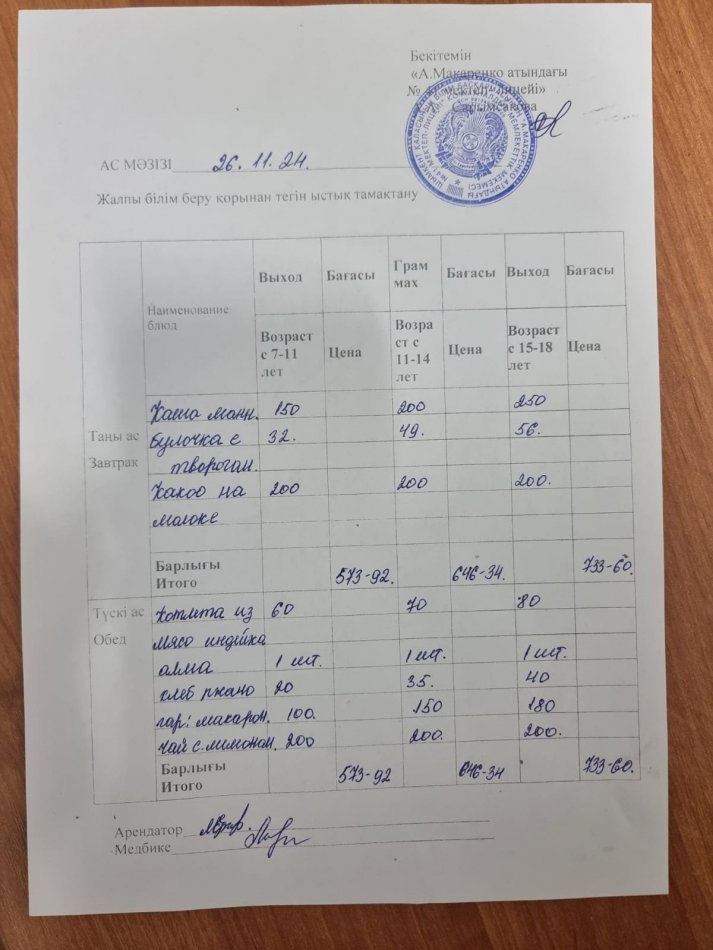 2024 жылдың 26 қарашадағы ас мәзірі