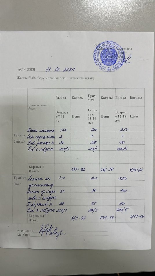 2024 жылдың 11 желтоқсандағы ас мәзірі