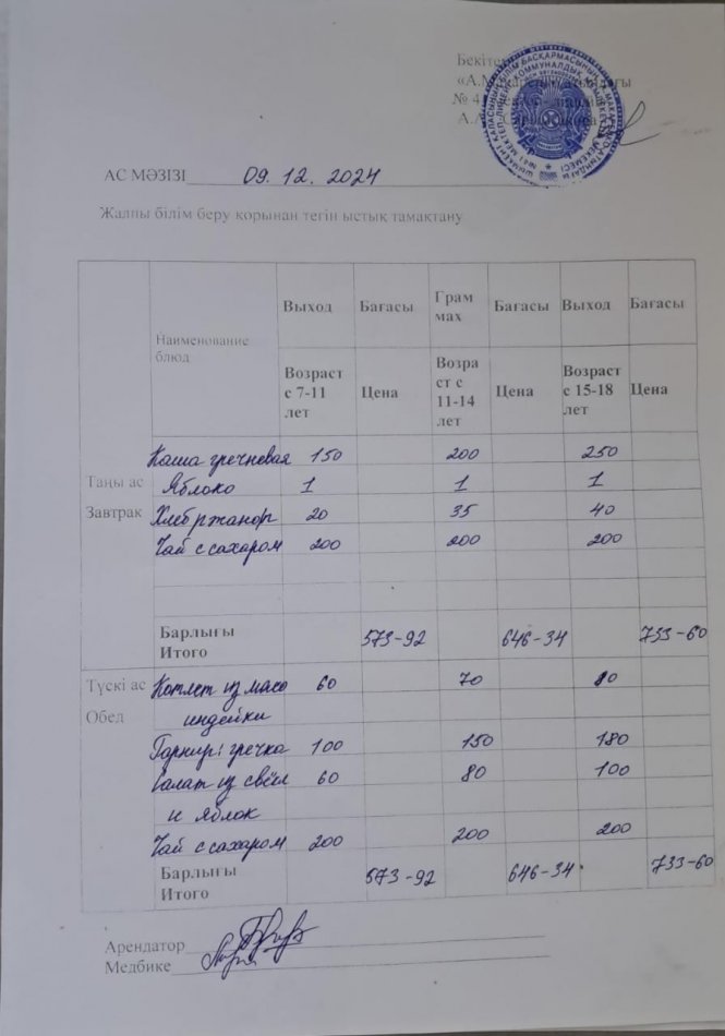 2024 жылдың 09 желтоқсандағы ас мәзірі