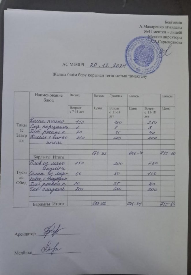 2024 жылдың 20 желтоқсандағы ас мәзірі