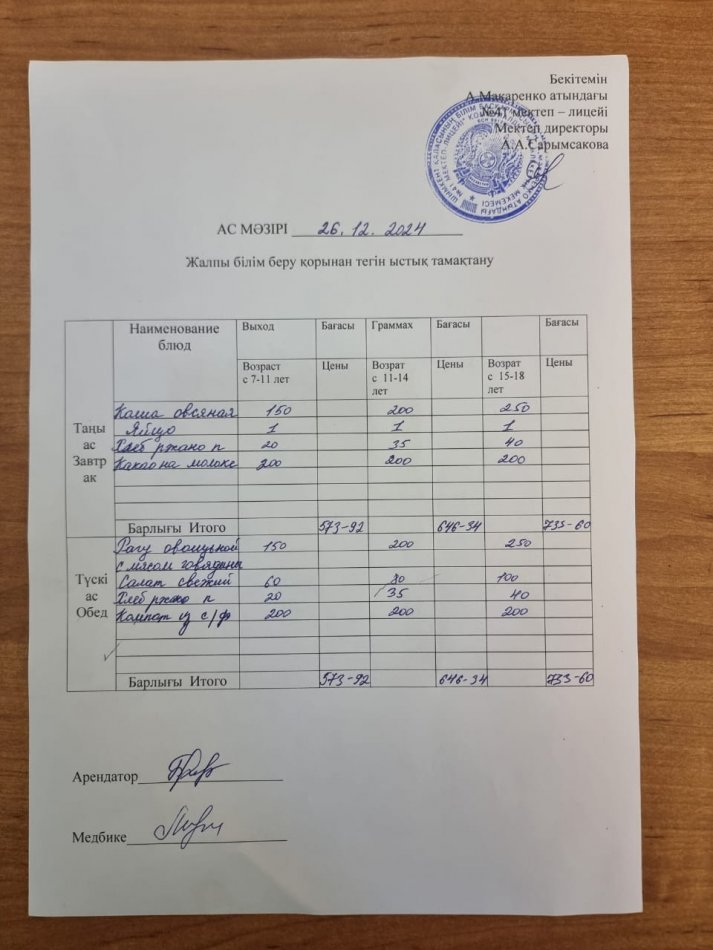 2024 жылдың 26 желтоқсанның ас мәзірі