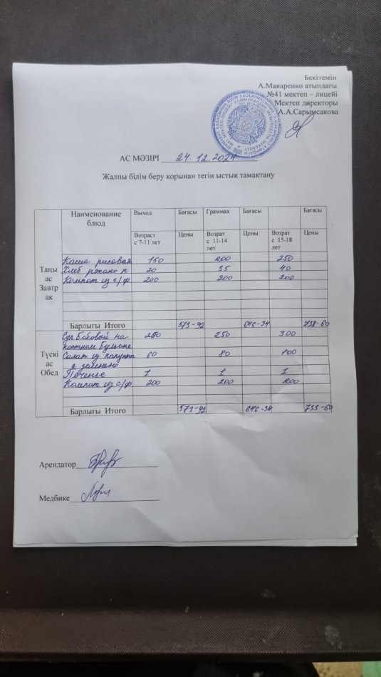 2024 жылдың 24 желтоқсандағы ас мәзірі