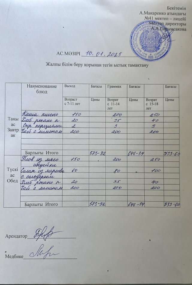2025 жылдың 10 қаңтардағы ас мәзірі