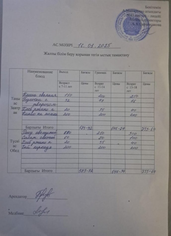 2025 жылдың 16 қаңтардағы ас мәзірі