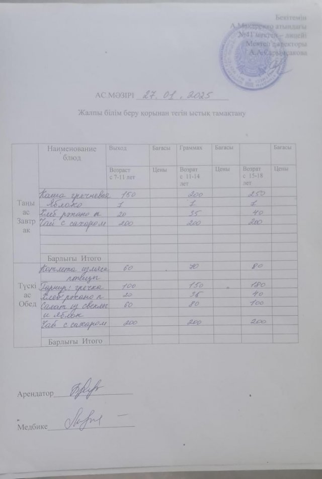 2025 жылдың 27 қаңтардағы ас мәзірі