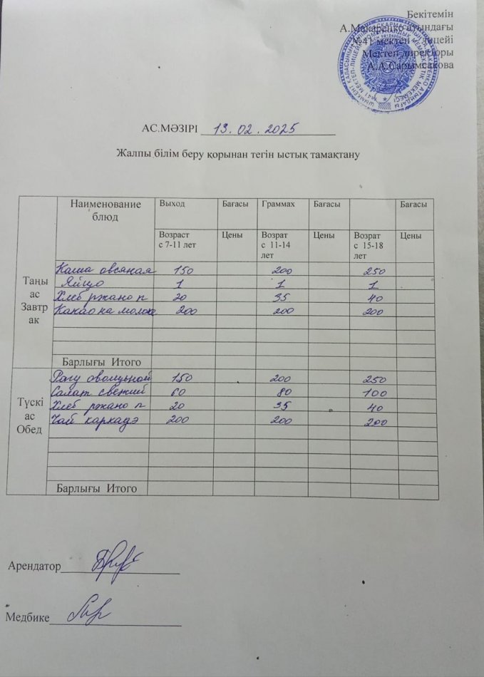 2025 жылдың 13 ақпандағы ас мәзірі